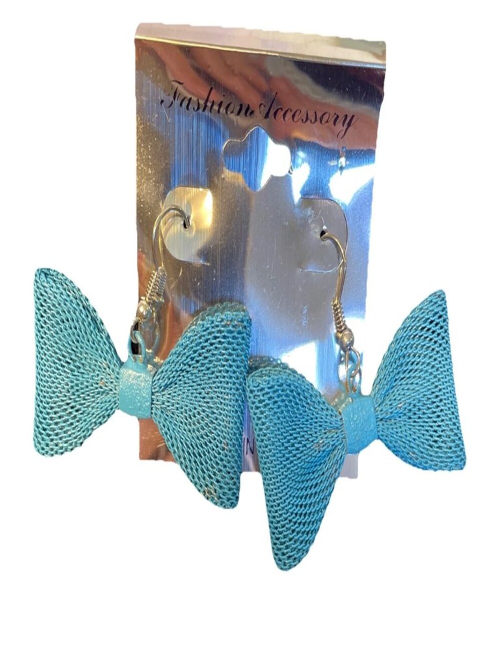 Blue Mesh Bow Dangle Earrings Turquoise Waffle Knit Fashion Jewelry Cute